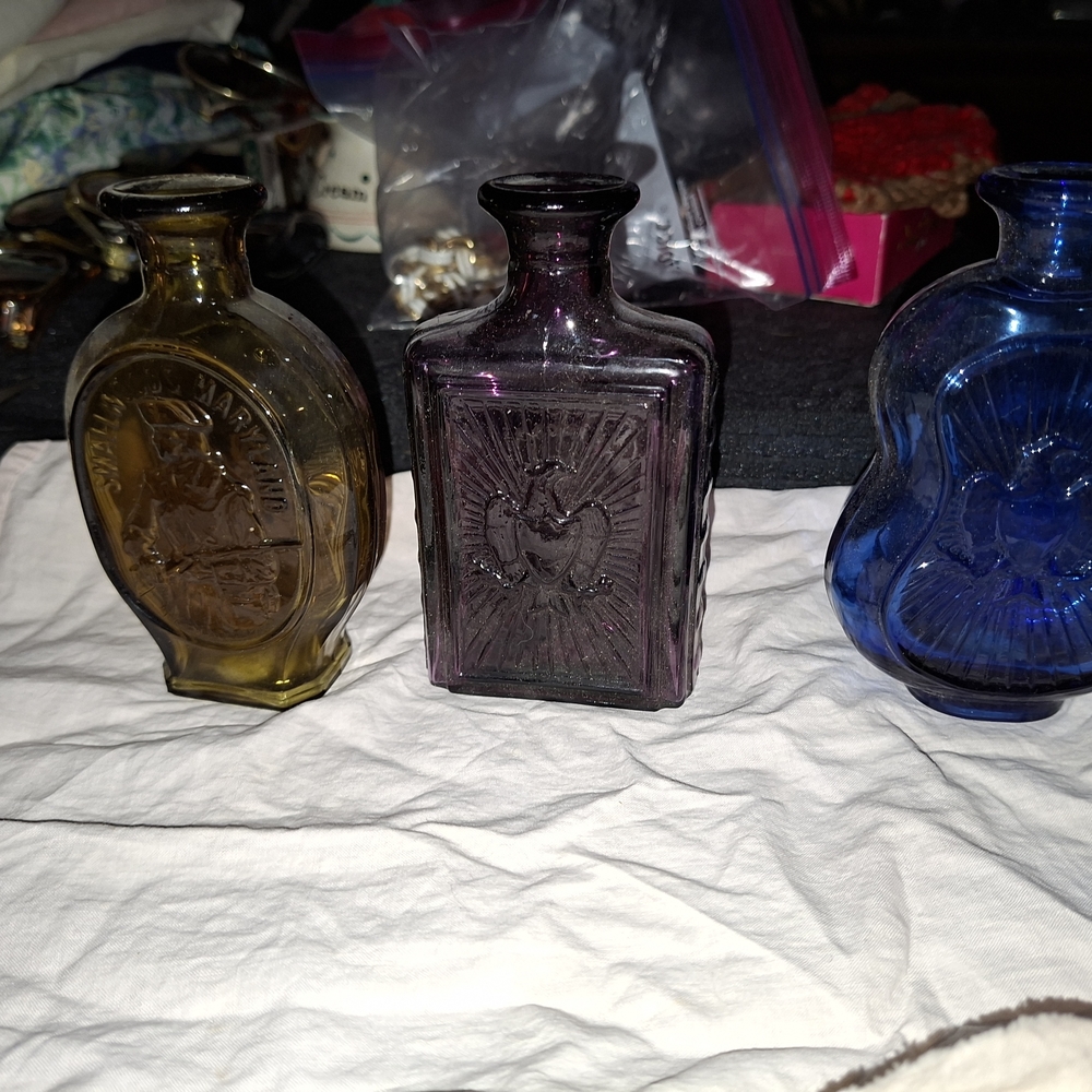 Elegant Glass Art Bottle Trio - Amber, Amethyst, and Sapphire